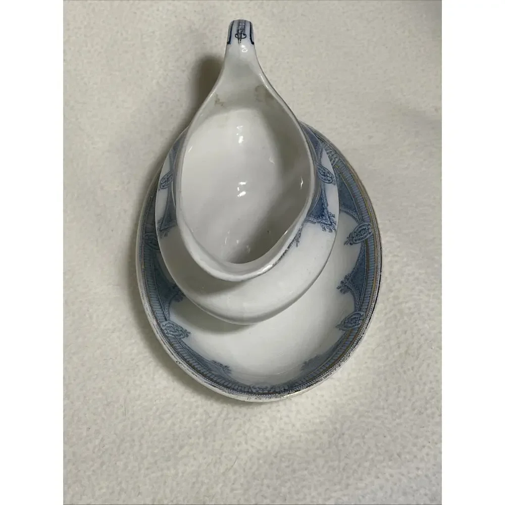 J & G Meakin Ipswich Gravy Boat and Plate - Blue, White and Gold Hanley, England